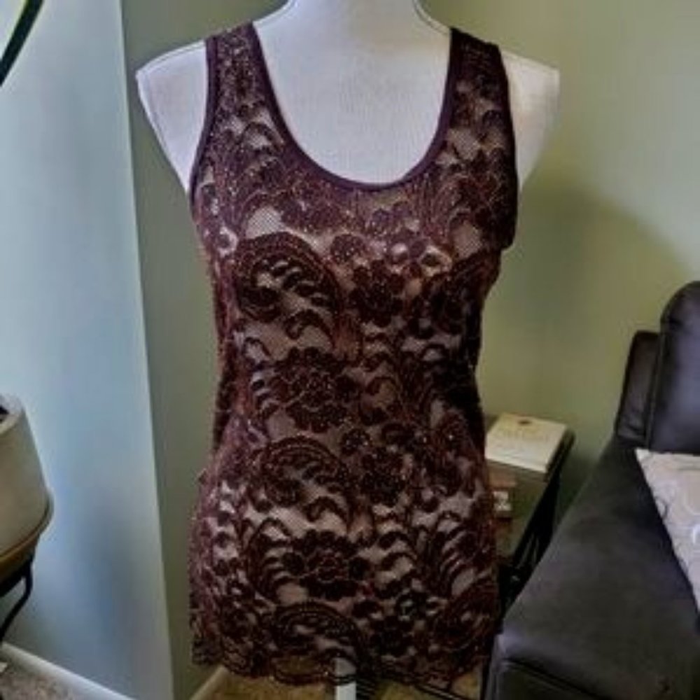 BKE Buckle Brown Lace Glitter Floral racerback tank top size medium.